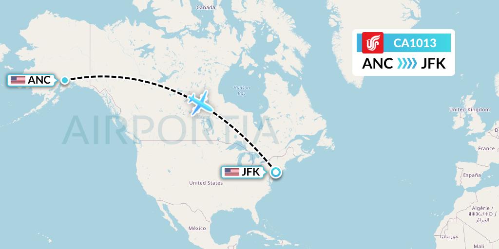 CA1013 Air China Flight Map: Anchorage to New York