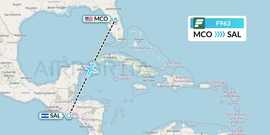 F963 Frontier Airlines Flight Map: Orlando to San Salvador