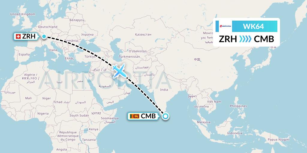 WK64 Edelweiss Air Flight Map: Zurich to Colombo