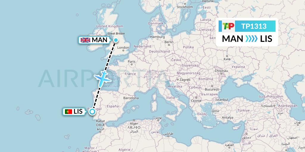 TP1313 TAP Portugal Flight Map: Manchester to Lisbon