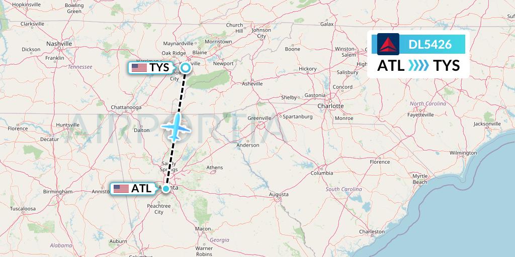 DL5426 Delta Air Lines Flight Map: Atlanta to Knoxville
