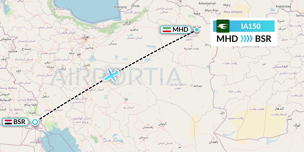 IA150 Iraqi Airways Flight Map: Mashhad to Basra