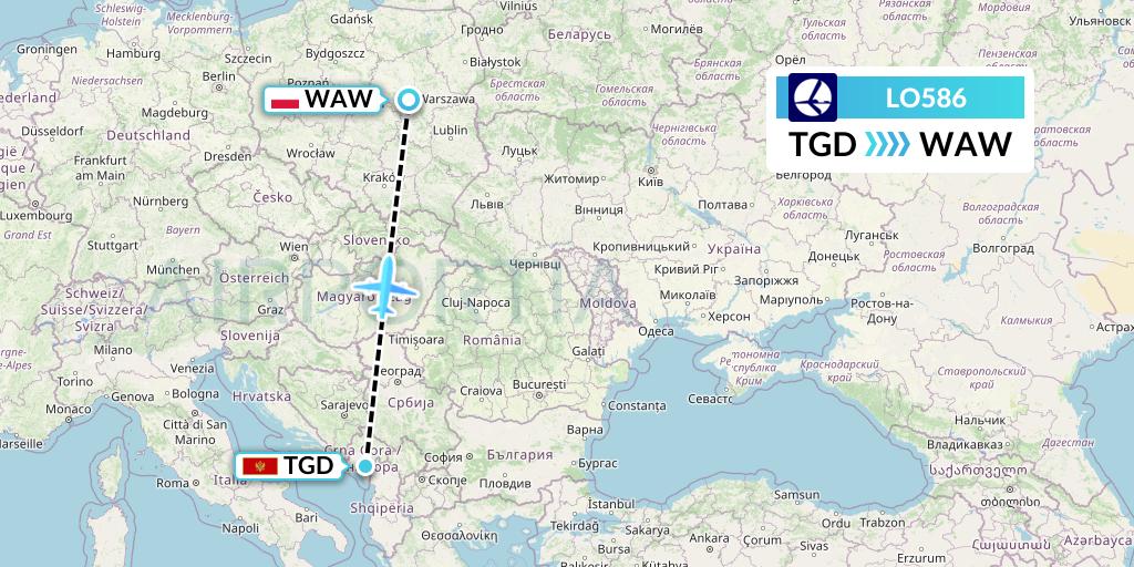 LO586 LOT Flight Map: Podgorica to Warsaw