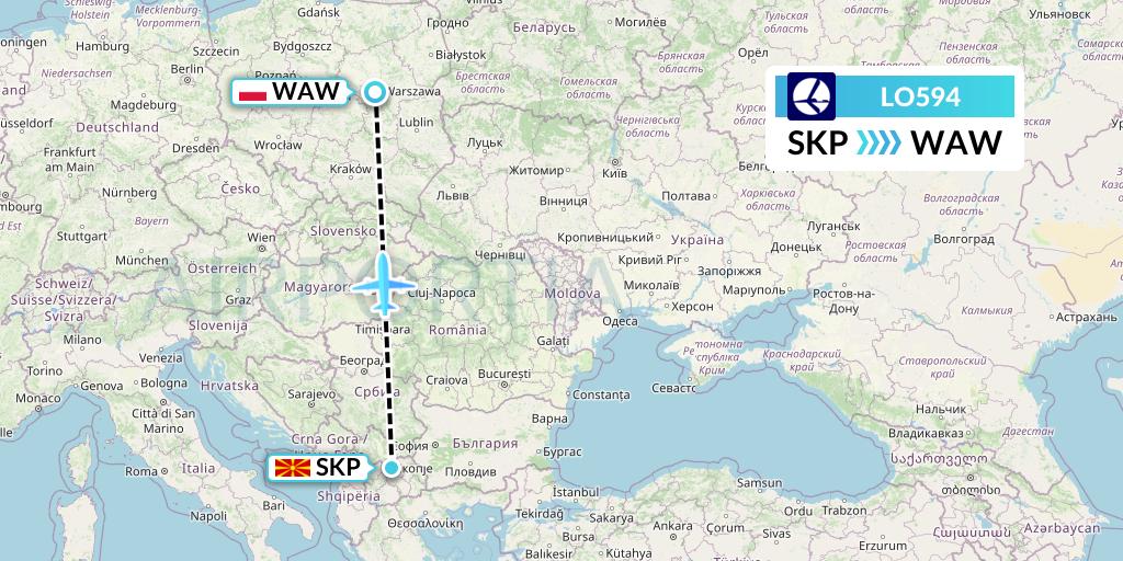 LO594 LOT Flight Map: Skopje to Warsaw