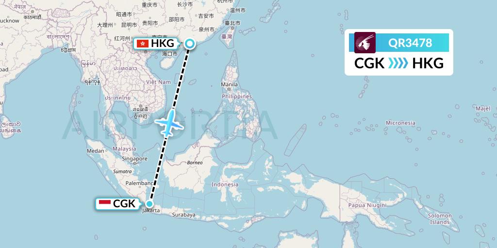 QR3478 Qatar Airways Flight Map: Jakarta to Hong Kong