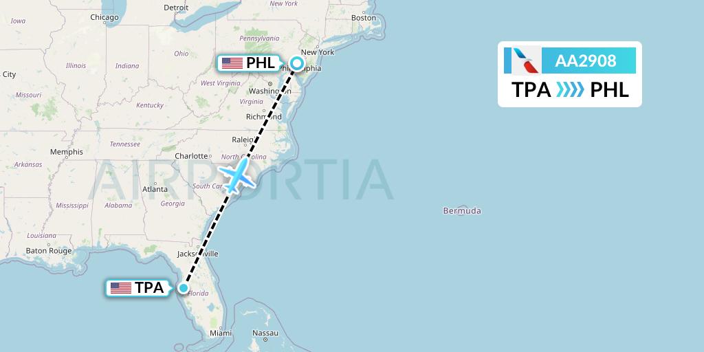 AA2908 American Airlines Flight Map: Tampa to Philadelphia