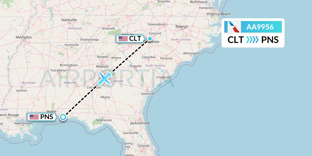 AA9956 American Airlines Flight Map: Charlotte to Pensacola