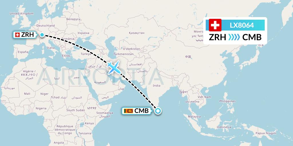 LX8064 Swiss Flight Map: Zurich to Colombo