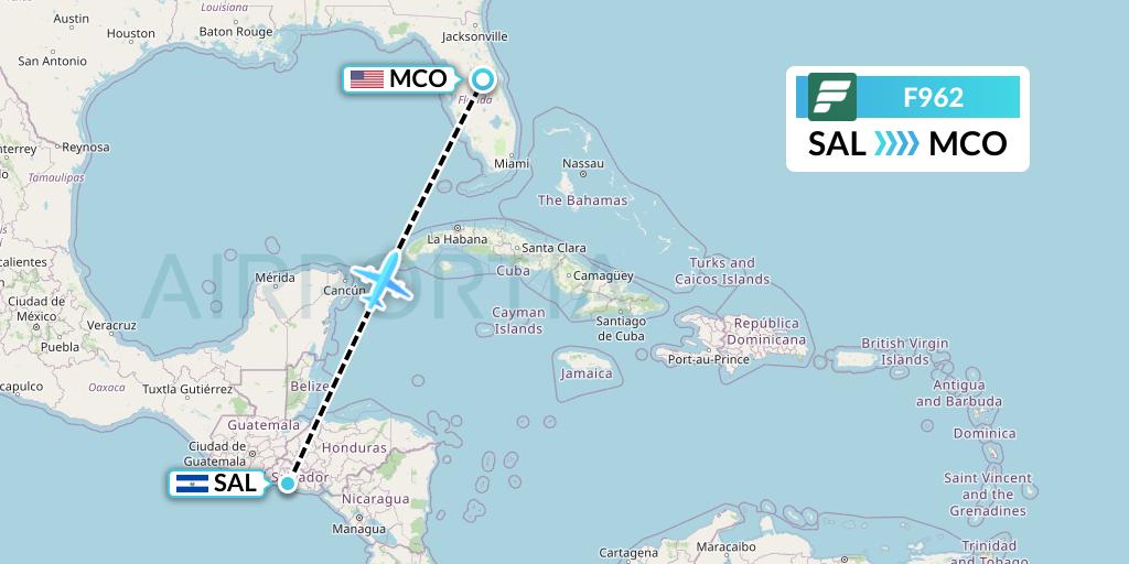 F962 Frontier Airlines Flight Map: San Salvador to Orlando