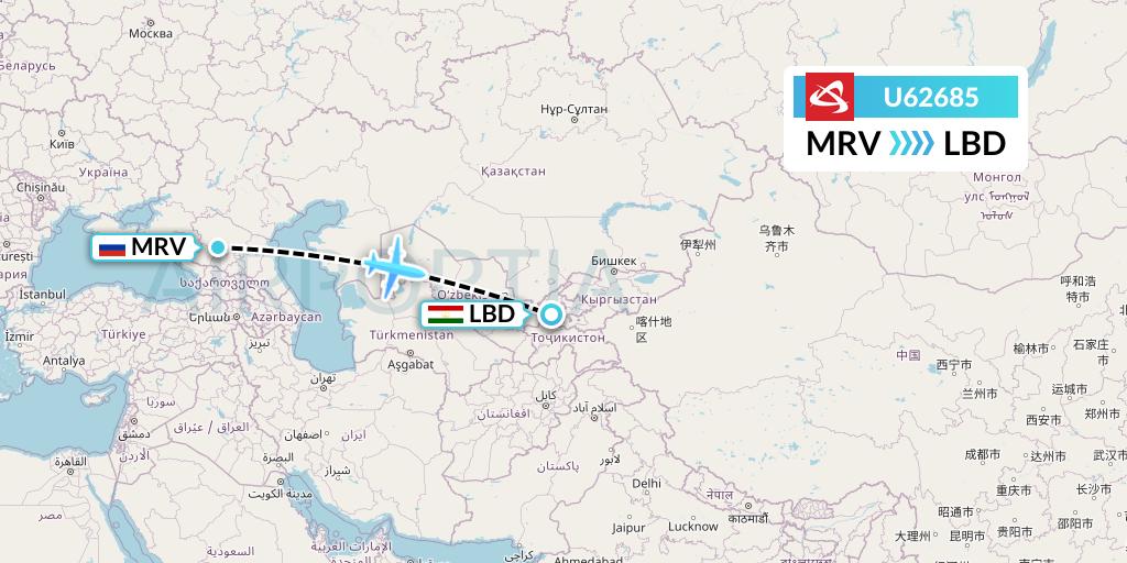 U62685 Ural Airlines Flight Map: Mineralnye Vody to Khudzhand