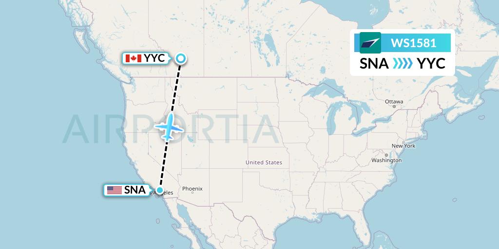 WS1581 WestJet Flight Map: Orange County to Calgary