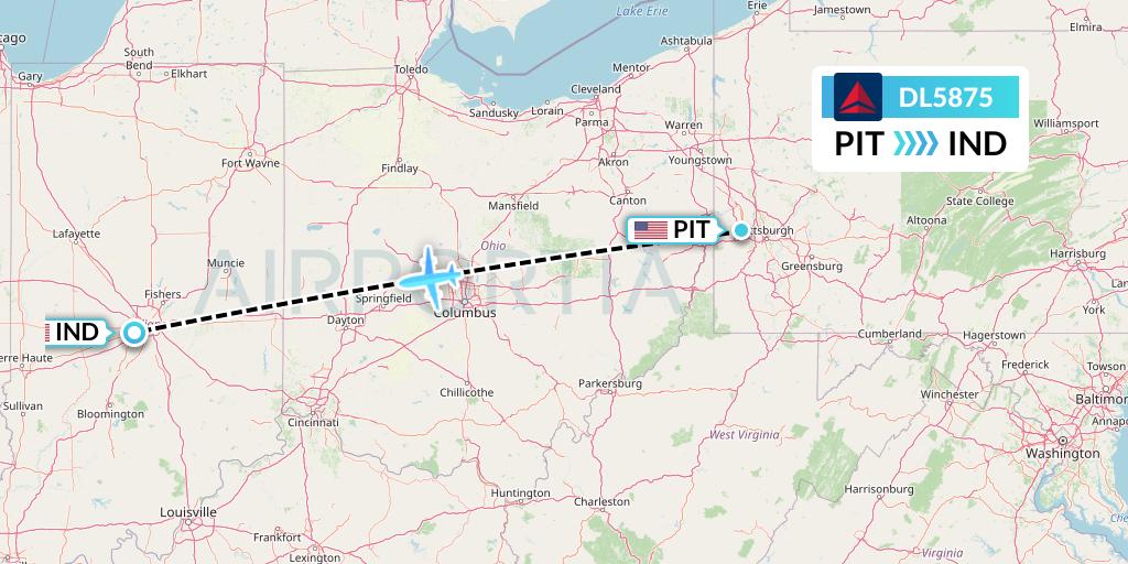 DL5875 Delta Air Lines Flight Map: Pittsburgh to Indianapolis