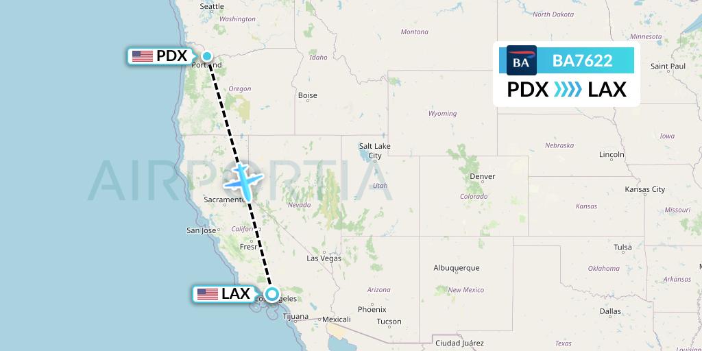 BA7622 British Airways Flight Map: Portland to Los Angeles