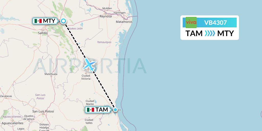 VB4307 VivaAerobus Flight Map: Tampico to Monterrey