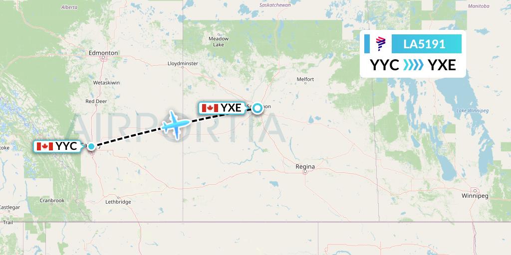 LA5191 LAN Airlines Flight Map: Calgary to Saskatoon
