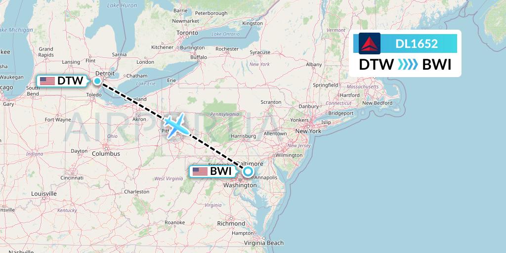 DL1652 Delta Air Lines Flight Map: Detroit to Baltimore