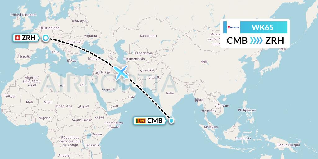 WK65 Edelweiss Air Flight Map: Colombo to Zurich