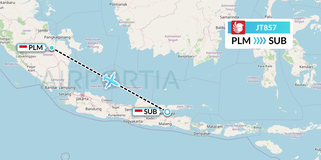 JT857 Lion Airlines Flight Map: Palembang to Surabaya