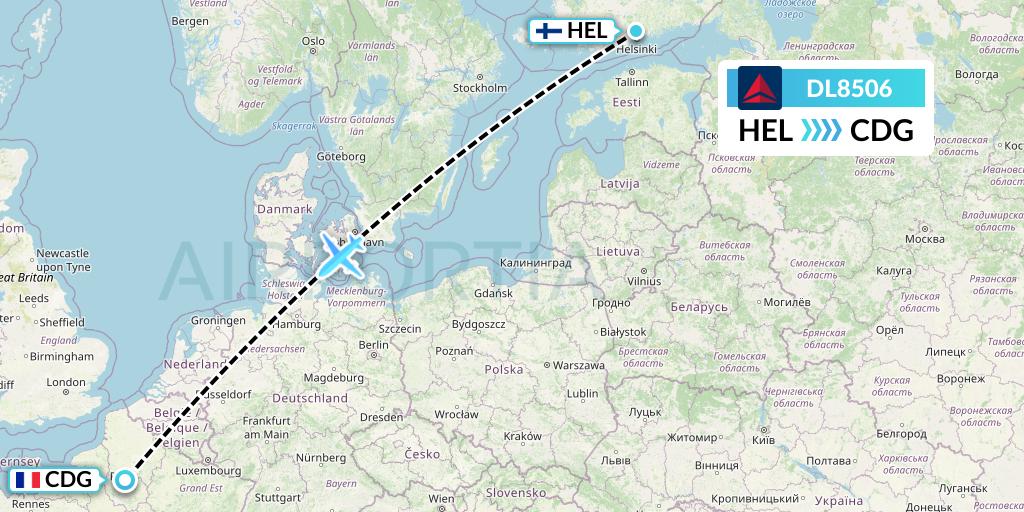 DL8506 Delta Air Lines Flight Map: Helsinki to Paris