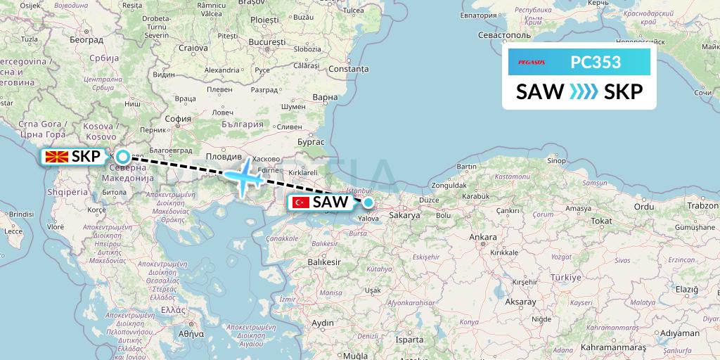 PC353 Pegasus Airlines Flight Map: Istanbul to Skopje