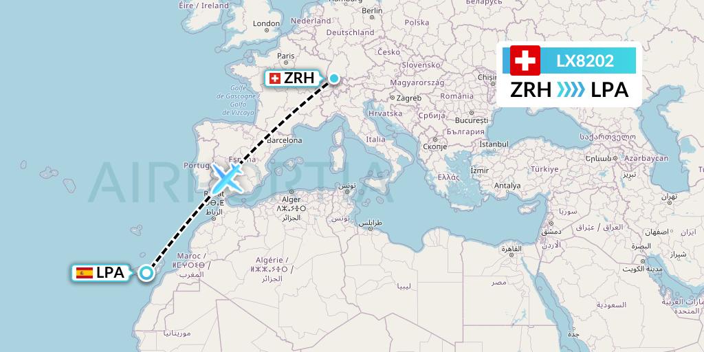 LX8202 Swiss Flight Map: Zurich to Las Palmas