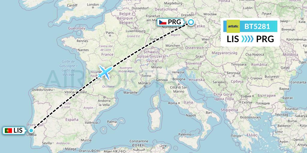 BT5281 Air Baltic Flight Map: Lisbon to Prague
