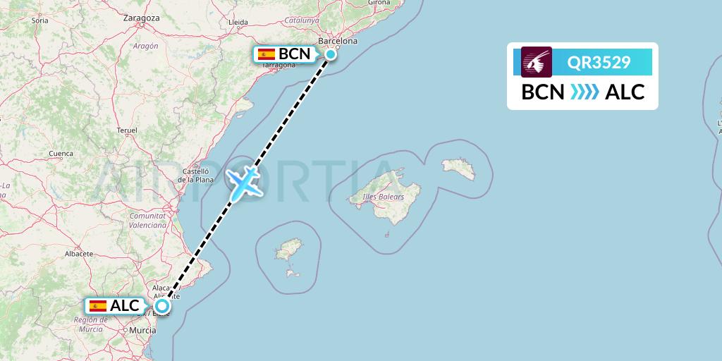 QR3529 Qatar Airways Flight Map: Barcelona to Alicante