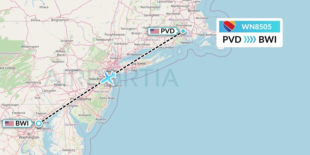 WN8505 Southwest Airlines Flight Map: Providence to Baltimore