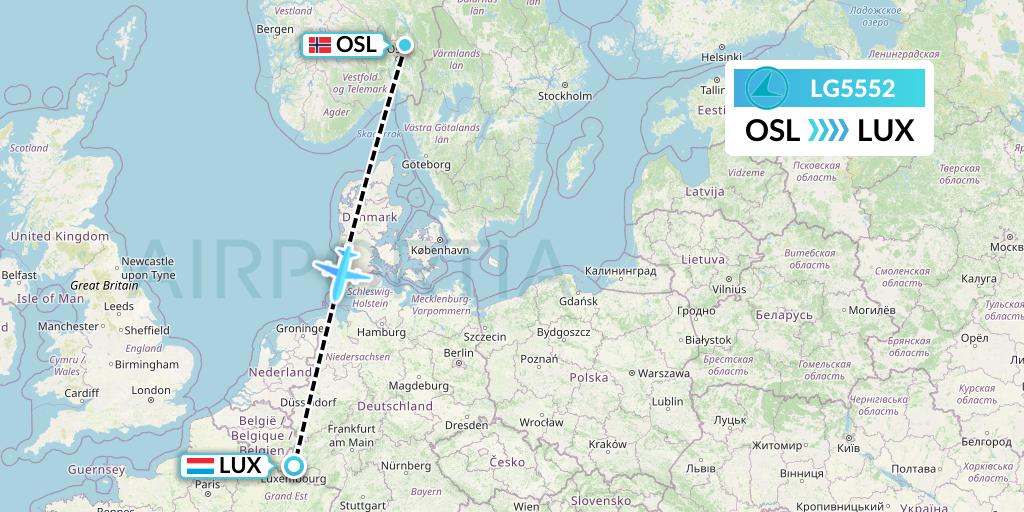 LG5552 Luxair Flight Map: Oslo to Luxembourg