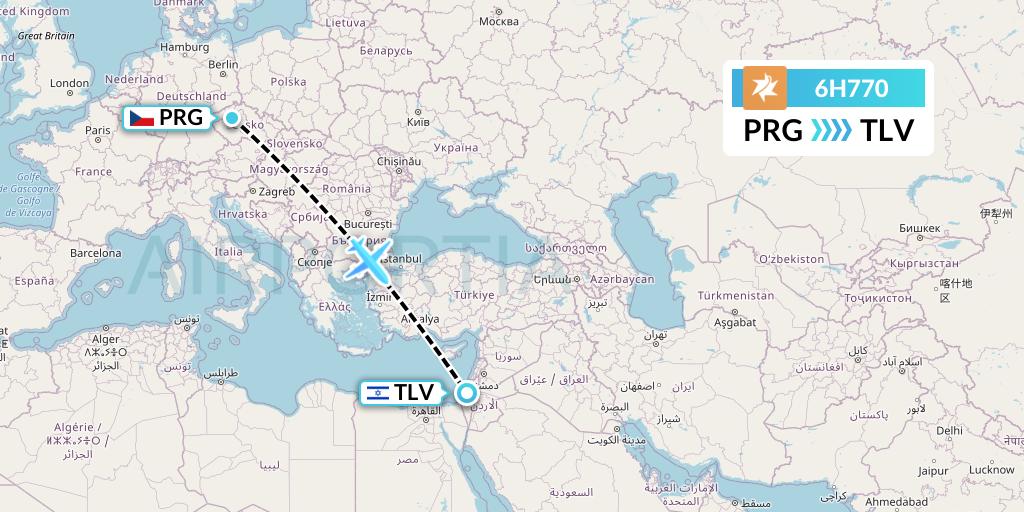 6H770 Israir Airlines Flight Map: Prague to Tel Aviv