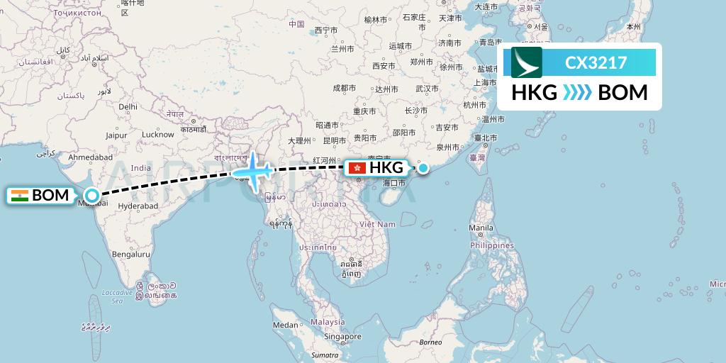 CX3217 Cathay Pacific Flight Map: Hong Kong to Mumbai