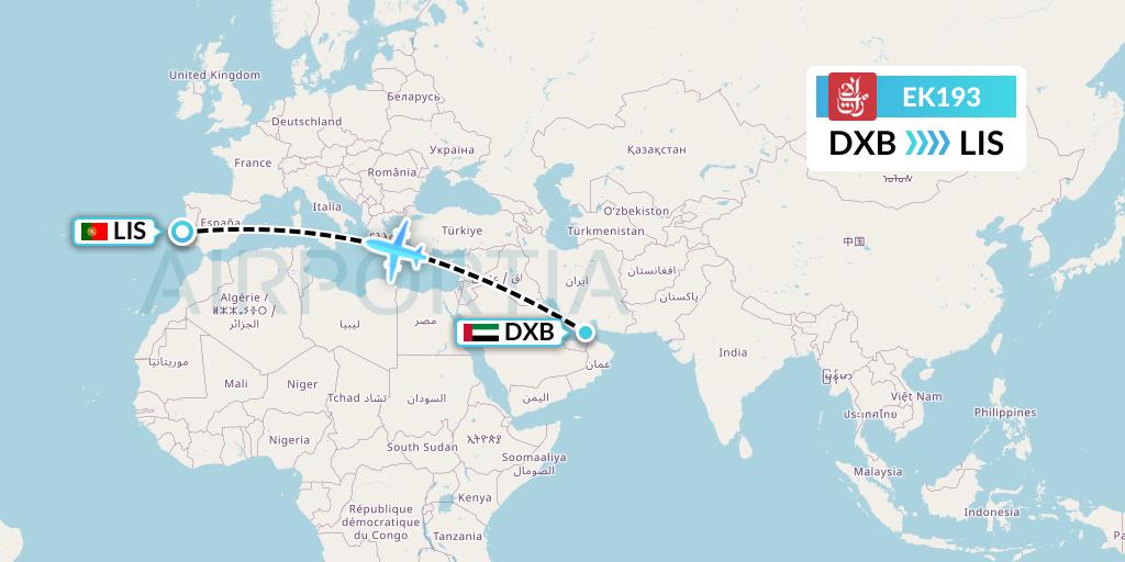 EK193 Emirates Flight Map: Dubai to Lisbon