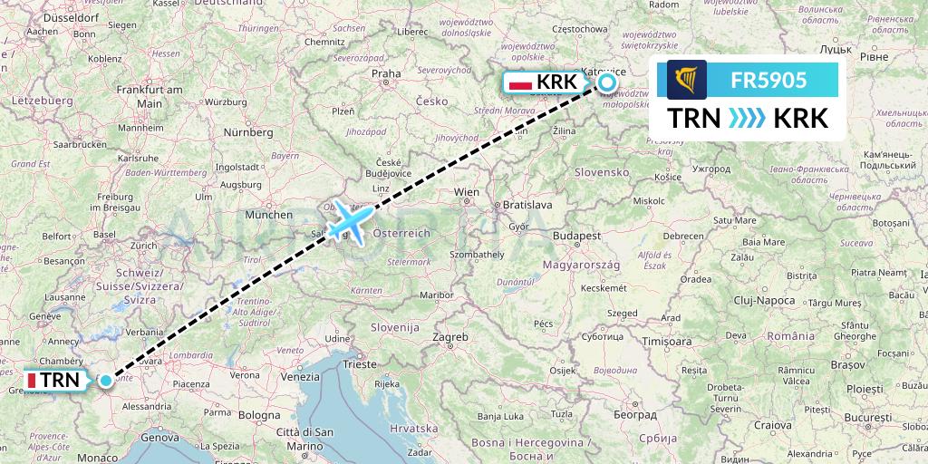 FR5905 Ryanair Flight Map: Turin to Krakow
