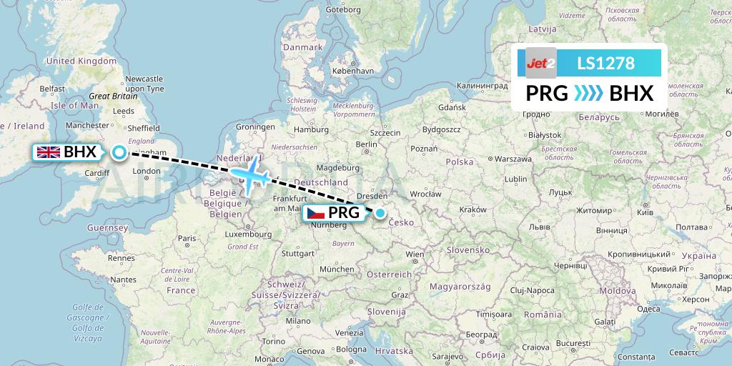 LS1278 Jet2 Flight Map: Prague to Birmingham