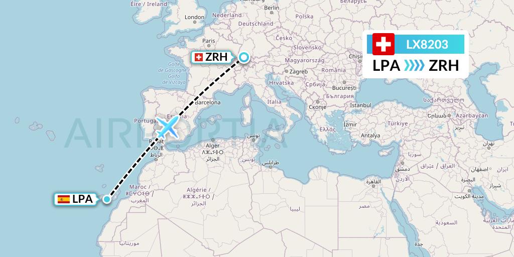 LX8203 Swiss Flight Map: Las Palmas to Zurich