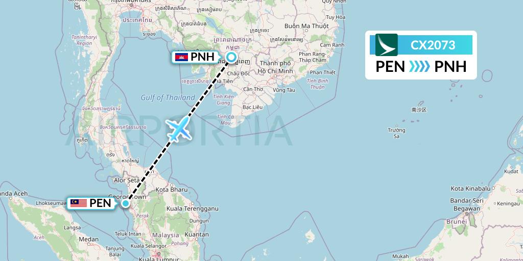 CX2073 Cathay Pacific Flight Map: Penang to Phnom Penh