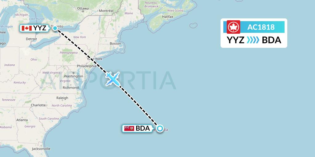 AC1818 Air Canada Flight Map: Toronto to Bermuda