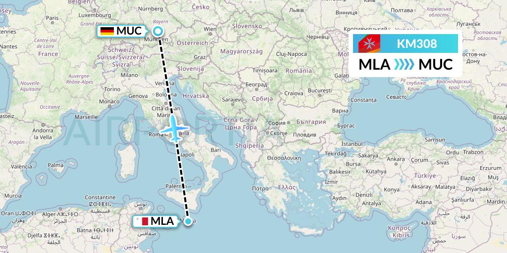 KM308 Air Malta Flight Map: Malta to Munich