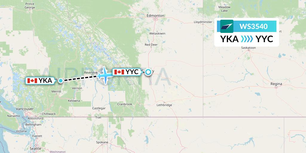 WS3540 WestJet Flight Map: Kamloops to Calgary