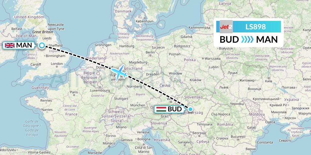 LS898 Jet2 Flight Map: Budapest to Manchester