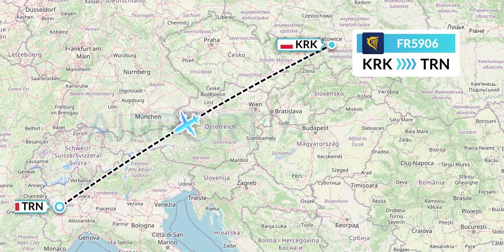FR5906 Ryanair Flight Map: Krakow to Turin
