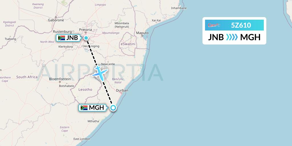 5Z610 CemAir Flight Map: Johannesburg to Margate