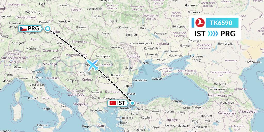 TK6590 Turkish Airlines Flight Map: Istanbul to Prague