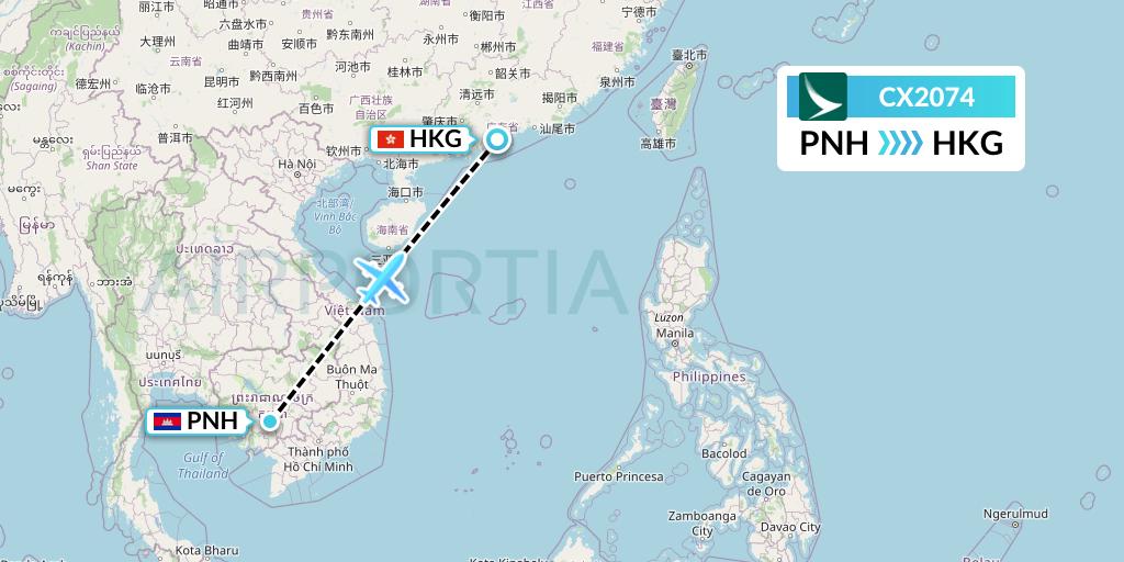 CX2074 Cathay Pacific Flight Map: Phnom Penh to Hong Kong