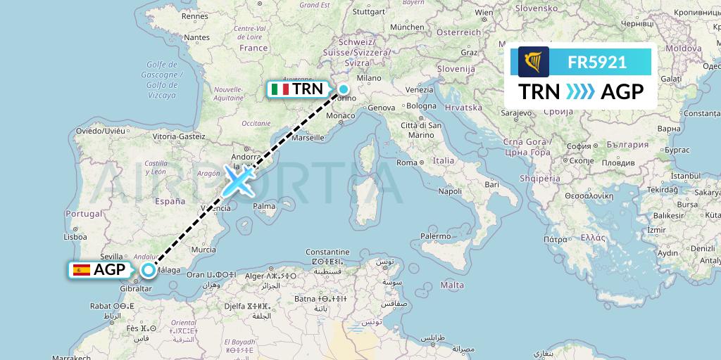FR5921 Ryanair Flight Map: Turin to Malaga