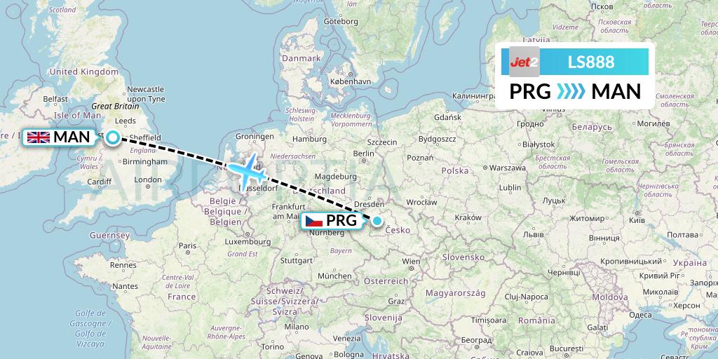 LS888 Jet2 Flight Map: Prague to Manchester