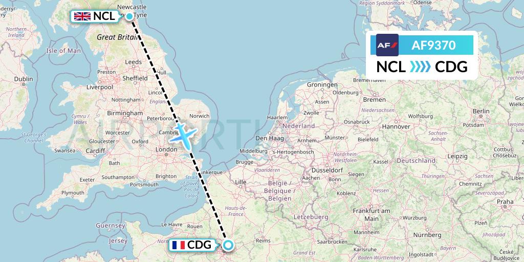 AF9370 Air France Flight Map: Newcastle to Paris