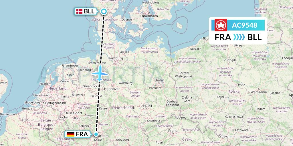 AC9548 Air Canada Flight Map: Frankfurt to Billund