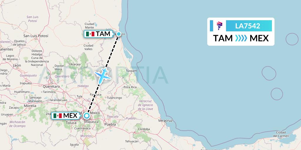 LA7542 LAN Airlines Flight Map: Tampico to Mexico City