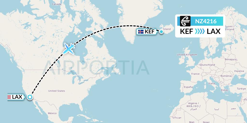NZ4216 Air New Zealand Flight Map: Reykjavik to Los Angeles